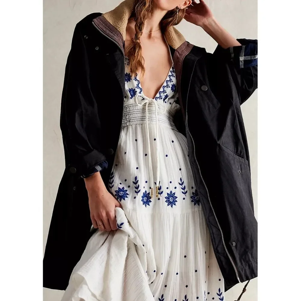 Free People Black Utility Jacket with Cream Lining - Picture 2 of 14